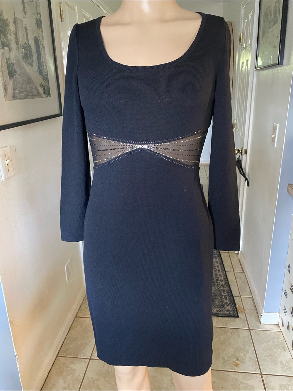 St. John Santana Black Long Sleeve Dress with Sheer Mesh Waist and Rhinestone
